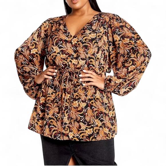 City Chic Women's Plus Size Aubree Print Shirt Size XL US 22 Black Gold Paisley - Picture 1 of 11
